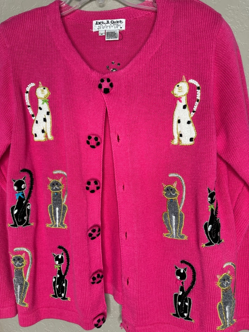 Jack B Quick Pink Cat Embroidered Button Cardigan Vintage whimsical - Picture 2 of 11